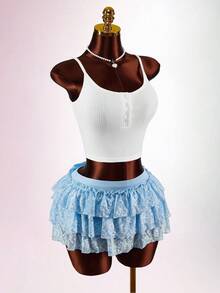 Amplova Women's Mini Skirt With Detachable Bow At Back, Super Low Waist Cute Solid Blue Sexy Ruffle Hem - Blue - View 7