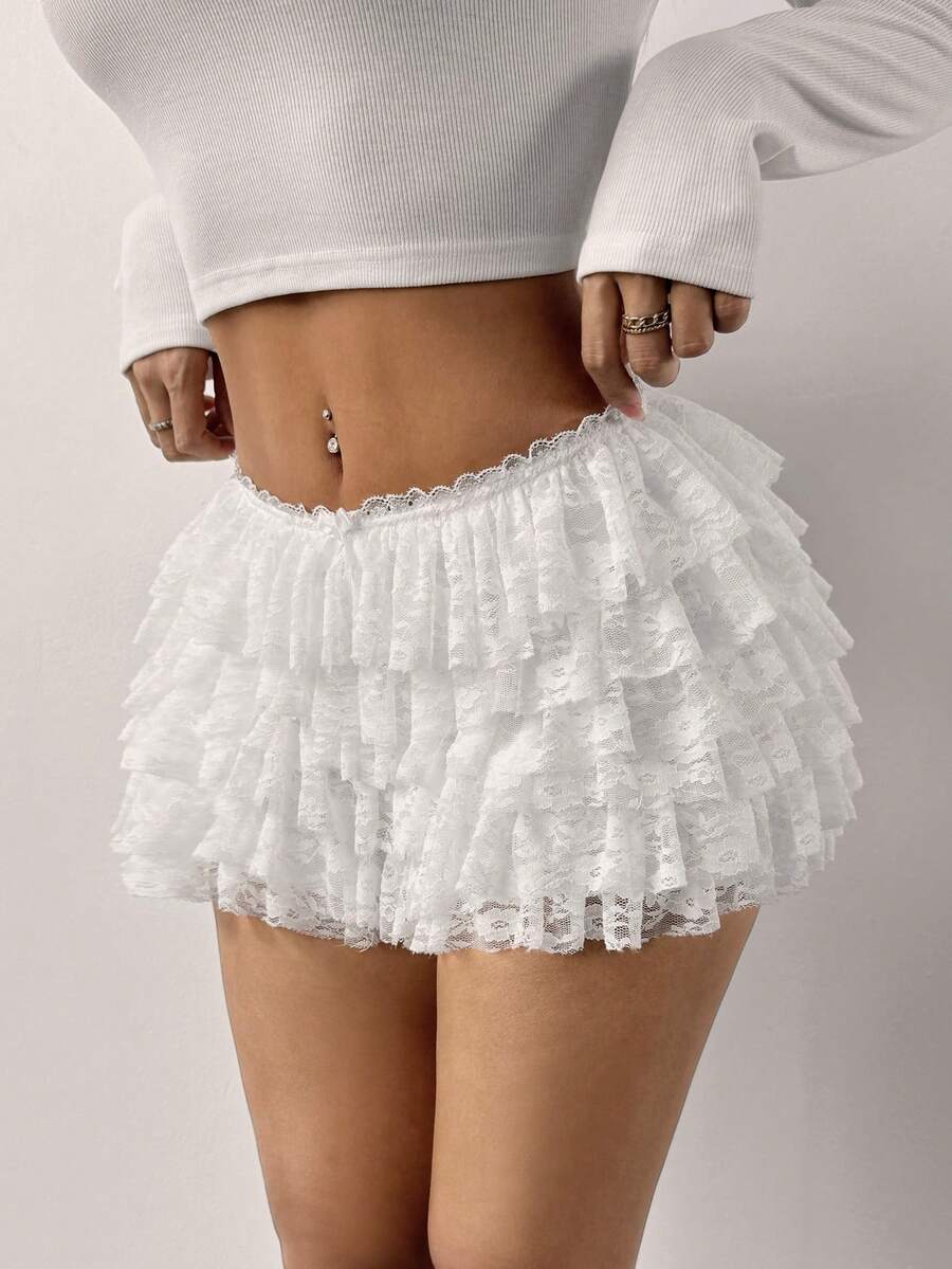 SHEIN PETITE Summer;White Lace Ruffle Low Waist Shorts - White - View 1