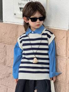 Hapijoa Young Boy Striped Knit Vest, Casual Loose Fit Fall - Navy Blue - View 2