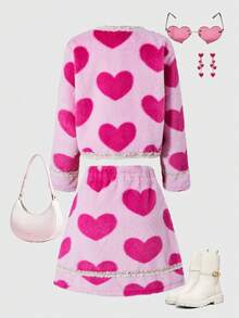 SHEIN Hot Pink,Winter,Cute,Wedding Guest Girls' Two Pieces Suit,Heart-Patterned Fuzzy Jacket And Skirt Set,Gold Button,Ribbon Bow Knot,French Chic Outfit - Pink - View 2