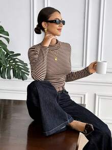 Serisse 女式撞色条纹高领长袖T恤 - 彩色 - 查看 6