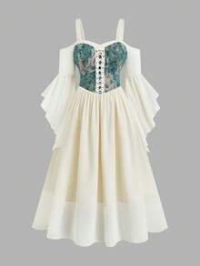 Sweetra Plus Size Printed Patchwork Bustier Tie Strap Flare Sleeve Dress - Apricot - View 1