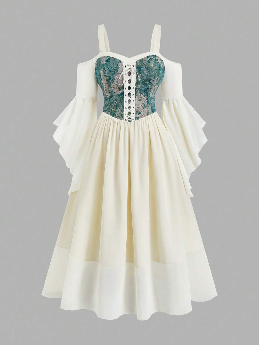 Sweetra Plus Size Printed Patchwork Bustier Tie Strap Flare Sleeve Dress - Apricot - View 1