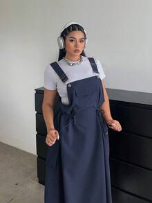 POPSWAY 全新秋季户外百搭束腰中长款吊带连衣裙女装 - 寶藍色 - 查看 3