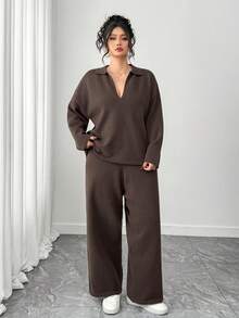 Dazy Plus Bộ 2 áo len dệt kim rộng rãi thoải mái và quần dài, cổ chữ V, cỡ lớn dành cho nữ, mùa thu/đông - màu nâu - Xem 5
