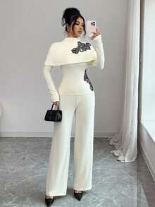 Elenzga 2pcs Women Elegant Embroidered Lace Long Sleeve Top And High Waist Casual Pants Set - Apricot - View 6