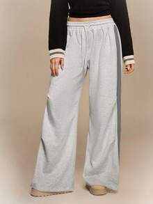 女士时尚休闲学院风抽绳腰带松紧腰褶皱宽松运动裤，适合日常穿着、运动装、返校穿搭 - 灰色 - 查看 4