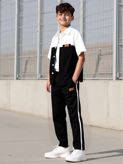 Vacaura Teens' Thin Short Sleeve & Long Pants Set, Classic Black & White Patchwork Decorated Shirt, Casual Straight Leg Pants, Fashionable Outdoor Streetwear, Spring & Autumn Boys Casual Pants Suit Outfit Teen Boys Two Piece Set Teen Boy Shirts And Pants Matching