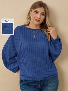 EMERY ROSE Women's Plus Size Casual Solid Color Ribbed Long Sleeve Sweatshirt - Royal Blue - View 3