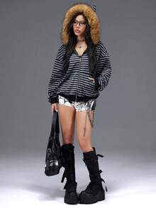 Bloopia Women's Striped Little Devil Faux Fur Collar Zip-Up Jacket - Black - View 6