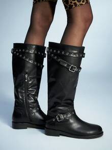Sugerpunk Botas altas hasta la rodilla con cremallera y hebilla ajustable de moda para mujer - Negro - Ver 4