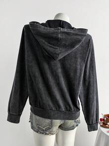 Comfortcana Women's Washed Cotton Star Print Zip-Up Sweatshirt Winter Clothes For Women Christmas New Year Women Black Y2K - Black - View 2