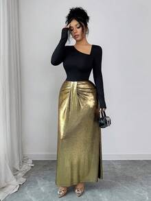 Elenzga Independence Day Party New Fashion Women's Dress, French Elegant Vintage Shiny Stretchy Fabric, Stylish Black+Gold Splice Oblique Collar Ruffle Hem Fitted Flared Hem Casual Versatile Long Sleeve Dress - Black and Gold - View 5