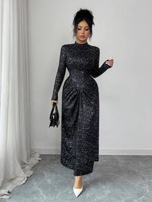 Elenzga Autumn/Winter New French Style Metallic Knit Fabric Elegant Stand Collar Ruched Fitted Bodycon Cocktail Dress, Sophisticated Design, Suitable For Independence Day - Black - View 5