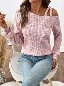 SHEIN Clasi Women Brushed Thickened Ribbed Asymmetric Collar T-Shirt - Dusty Pink - View 7