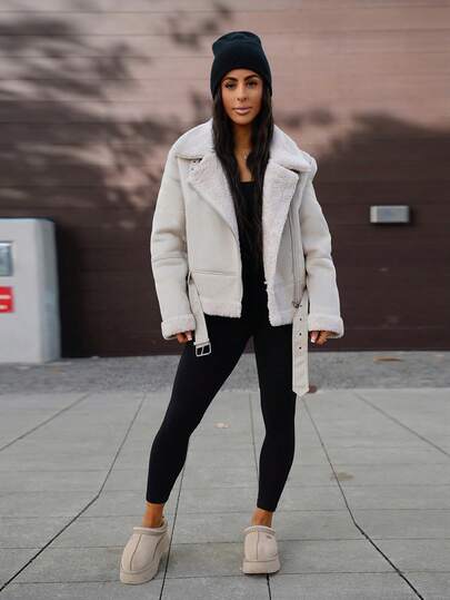 SAYEHFBABY Teddy Lined Zip Up Moto Jacket Faux Leather Aviator Jacket With Borg Lining  Fall Winter Cloth For Women