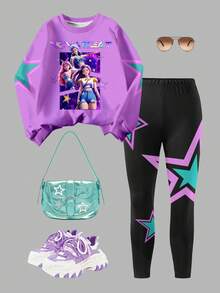 Sparklyn 2pcs/Set Tween Girl KPOP Graphic Print Top, Girls Crew Neck Sweatshirt And Leggings Set, Fashionable Casual, Suitable For Autumn/Winter - Multicolor - View 2