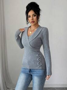 SHEIN Elenzya Women's Elegant Fitted Collar Side Tie Long Sleeve Sweater, Autumn/Winter - Grey - View 3