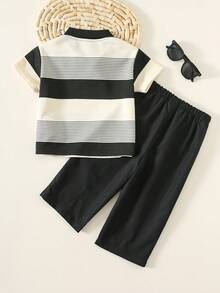 2 pièces Ensemble polo rayé décontracté et pantalon à taille élastique pour bébé garçon. Convient pour les fêtes d'anniversaire, soirées, représentations, mariages, baby showers, 1er anniversaire - Multicolore - Voir 2
