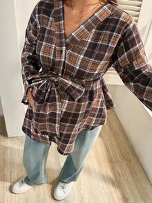 SHEIN Maternity Plaid Drop Shoulder Long Sleeve Button Design Casual Belted Shirt - Brown - View 4