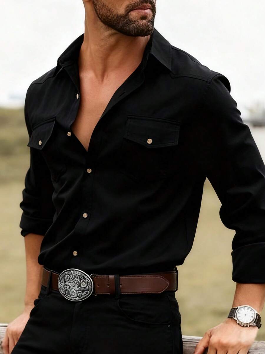 Manfinity Nomadique Men's Solid Color Long Sleeve Single-Breasted Casual Pocket Shirt Men Cowboy Shirts Western Shirts Black Shirt For Men Black Vacation Men Old Money,Daily Leisure, Weekend Trips, Outdoor Activities, Travel Expeditions, Relaxed Work Environments Or Semi-Formal Occasions, Boyfriend/Husband Gift, Anniversary /Birthday Gift Party Christmas New Years Wedding - Black - View 1