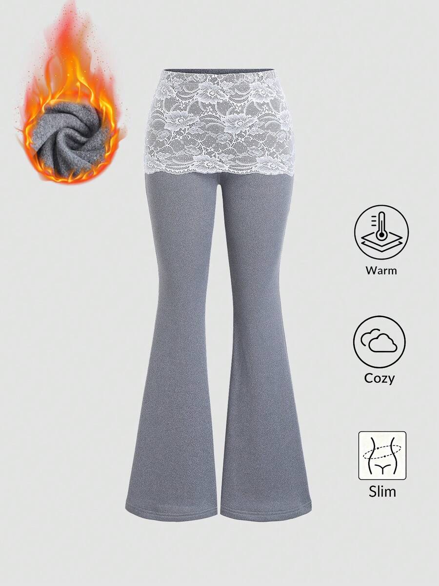 SHEIN Unity Quần lót giữ nhiệt lưng thấp phối ren chắp vá cho nữ, Thu/Đông - Xám - Xem 1