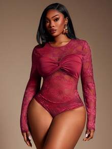 Radiana Body de encaje transparente y sexy para mujer de talla grande, adecuado para citas, fiestas, salidas, fiesta de Nochebuena - Rojo - Ver 2