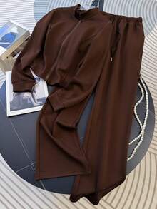 Resyla 女士休闲运动通勤简约纯色立领拉链外套和抽绳喇叭裤两件套，春秋季 - 咖啡棕 - 查看 7