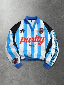 ROMWE MEN 男女通用足球英式印花长袖T恤，休闲运动风 - 藍色 - 查看 1