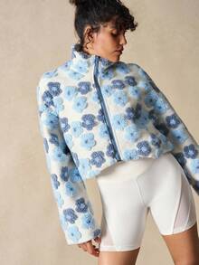 VARSIVA Jaket Bulu Domba Pendek Longgar Berkerah Tegak dengan Motif Bunga Blok Warna Biru Tiga Dimensi 3D - MultiWarna - View 6