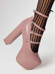 ROMWE 女士厚底搭扣设计时尚迷人高跟鞋，适合派对场合 - 藕粉色 - 查看 3