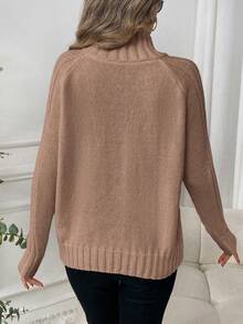 SHEIN LUNE Women's Solid Color High Neck Raglan Sleeve Sweater, Autumn/Winter - Camel - View 2