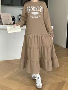 فستان بنات مراهقات كاجوال فضفاض بياقة مستديرة وأكتاف منسدلة، مبطن حراريًا مع حافة مطوية، مناسب للعودة إلى المدرسة في فصلي الخريف والشتاء، فستان بنات طويل