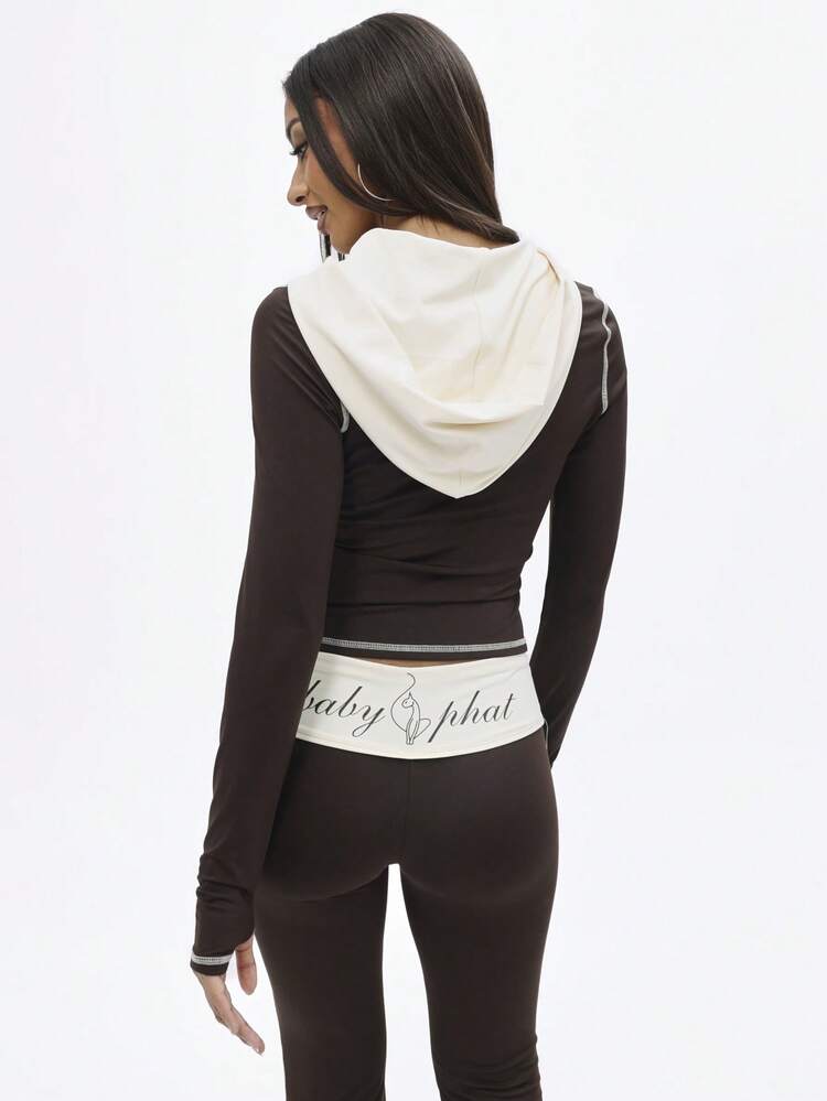 BABYPHAT Zip Up Hooded Top With Contrast White Trim And Hood Detail Long Sleeve Fitted Cropped Design Cat Silhouette Print