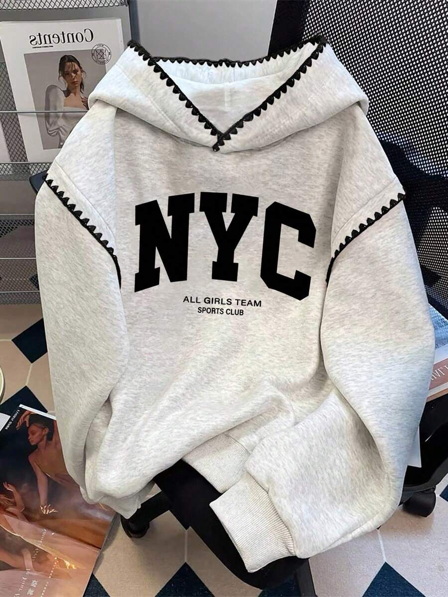 SHEIN Áo nỉ nữ/Áo in họa tiết chữ/Áo nỉ đơn giản và thời trang thường ngày/Áo thời trang/Áo nỉ vui nhộn/Áo nỉ dài tay cổ tròn rộng rãi phù hợp cho mùa thu đông/Áo chui đầu mùa xuân dành cho nữ, Áo nỉ có mũ trùm đầu ren tương phản dành cho nữ, Áo dài tay, Áo hoodie thu đông trở lại trường - Xám - Xem 1