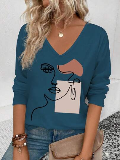EMERY ROSE Camiseta casual versátil de mujer con cuello en V, manga larga y estampado de retrato geométrico, el talla grande vendido en otoño/invierno