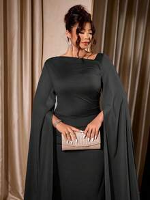 Elenzga Đầm dài tay xẻ tà, vai chéo, ôm sát, thanh lịch dành cho nữ cỡ lớn, thích hợp cho Ngày Valentine. - màu đen - Xem 6