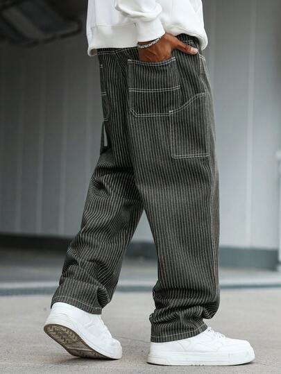 Manfinity Hypemode 男士休闲竖条纹多口袋军绿色工装牛仔裤，街头时尚