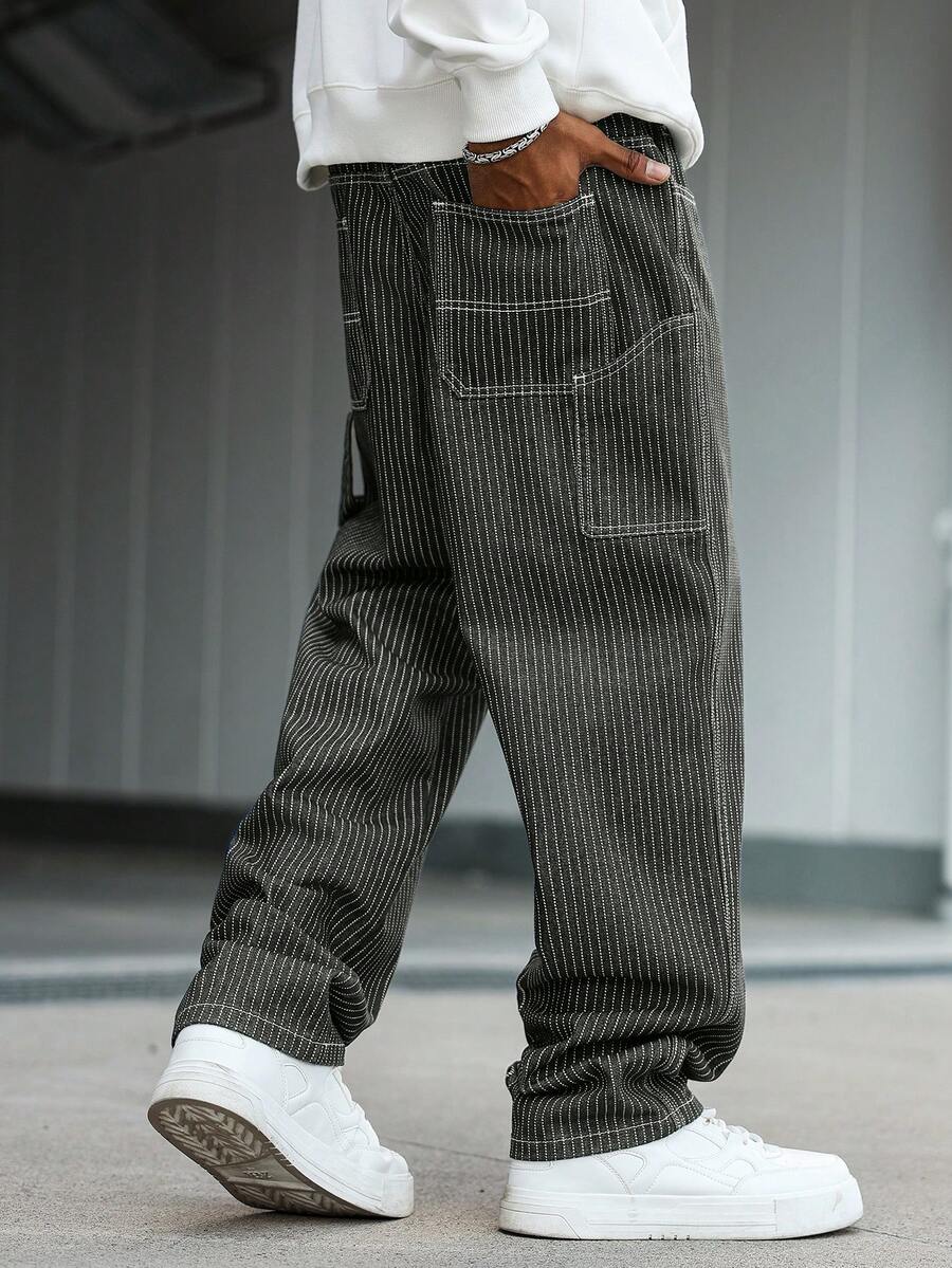 Manfinity Hypemode 男士休闲竖条纹多口袋军绿色工装牛仔裤，街头时尚 - 軍綠色 - 查看 1