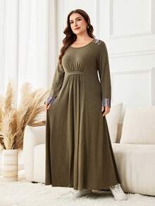 Seusyu Autumn/Winter Casual Loose Fit Crew Neck Pullover Knit Textured Element Patchwork Long Sleeve Plus Size Women Long Dress - Multicolor - View 4