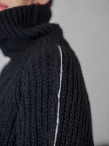 FRIFUL Women's Autumn/Winter Side Stripe High Neck Raglan Sleeve Loose Knit Sweater - Black - View 4