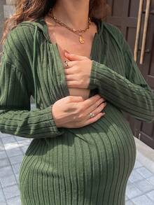 SHEIN 纯色落肩长袖纽扣连帽休闲孕妇连衣裙 - 軍綠色 - 查看 4