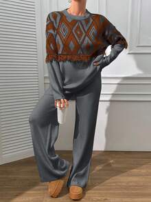 EURMUSE Boho Sweater And Trouser Casual Simple - Grey - View 8