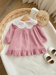 新生女宝宝可爱优雅红色彼得潘领长袖连衣裙 - 藕粉色 - 查看 2