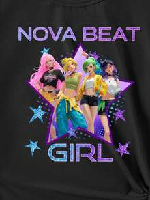 Summer & Autumn Tween Girl Casual Fashionable Creative Personalized Refreshing Chic Minimalist Cool Virtual Girl Group Colorful Pentagram Number 67 Graphic Letter Slogan Print Relaxed Basic Short T-Shirt, Comfortable Cozy Fall Styles Suitable For Summer & Autumn Girls - Black - View 5