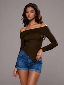 SHEIN Glamour 女士优雅通勤纯色露肩不对称下摆上衣 - 咖啡棕 - 查看 3