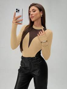 SHEIN Tall 女士时尚透视网纱拼接长袖连体衣 - 卡其色 - 查看 7