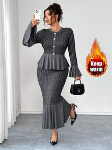 Elenzga Bộ đồ 2 món cho nữ cỡ lớn, vải dệt kim sọc bản rộng co giãn cao, thắt eo, tay áo loe, chân váy gấu đuôi cá, thanh lịch khi đi chơi, trà chiều, đi làm, hiện đại và thoải mái, cỡ lớn, màu xám đậm, bộ đồ 2 món váy maxi dài tay thu đông - Màu xám đen - Xem 1