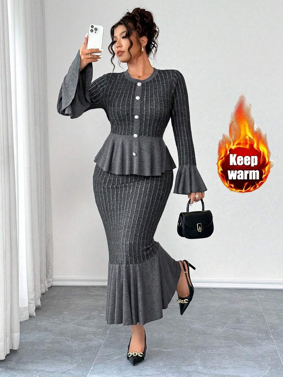 Elenzga Bộ đồ 2 món cho nữ cỡ lớn, vải dệt kim sọc bản rộng co giãn cao, thắt eo, tay áo loe, chân váy gấu đuôi cá, thanh lịch khi đi chơi, trà chiều, đi làm, hiện đại và thoải mái, cỡ lớn, màu xám đậm, bộ đồ 2 món váy maxi dài tay thu đông - Màu xám đen - Xem 1