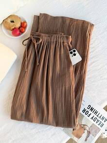 Comfortcana 大码女式纯色褶皱纹理宽松抽绳腰带系带阔腿休闲宽松阔腿裤，夏季，夏裤 - 棕色 - 查看 7